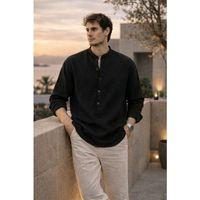 Hafif ve Nefes Alabilir Erkek Müslin Yarım Pat Hakim Yaka Oversize Gömlek - Siyah