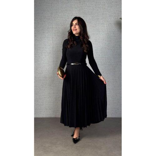 Kadın Uzun Kollu Balıkçı Yaka Kemersiz Pileli Uzun Sandy Elbise