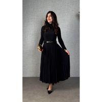 Kadın Uzun Kollu Balıkçı Yaka Kemersiz Pileli Uzun Sandy Elbise