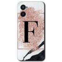 OPPO Oppo A96 Kılıf HD Desen Baskılı Arka Kapak - Pembe Mermer Desenli F Harfi