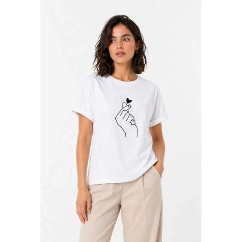 Kore Parmak Kalp Aşk Temalı Minimal Baskılı Tişört Yazlık Kısa Kol T-Shirt - Beyaz