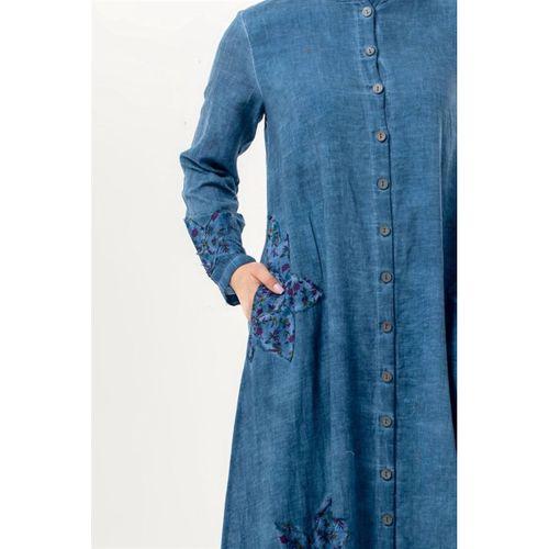 Uzun Kol Nuray Düğmeli Yuvarlak Yaka Çift Cepli Poplin Ferace İndigo indg