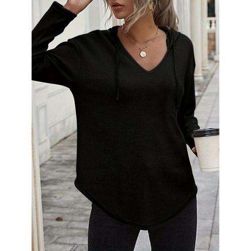 Kadın Uzun Kollu V Yakalı Kapşonlu Waffle Bluz