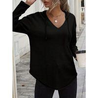 Kadın Uzun Kollu V Yakalı Kapşonlu Waffle Bluz