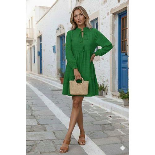 Kadın Uzun Kollu Yakadan Bağcıklı Fırfırlı Keten Mini Elbise