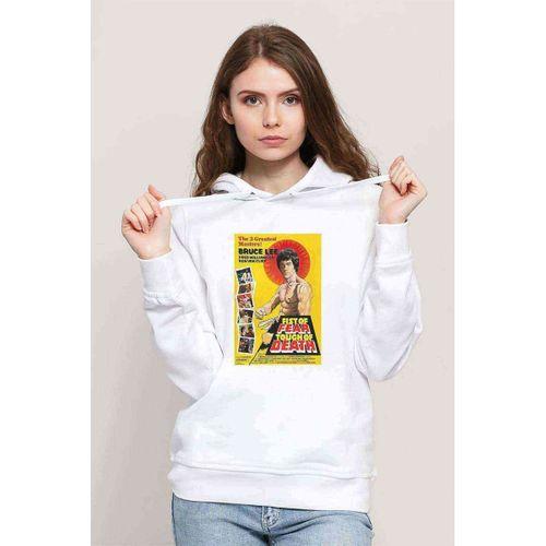 Bruce Lee Baskılı Beyaz Kadın Kapşonlu Sweatshirt