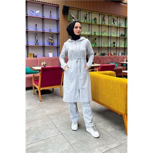 Kapşonlu Belden Bağlamalı Fermuarlı Sade Basic Uzun Tunik ve Pantolon İkili Spor Takım - 03065.008 - Gri