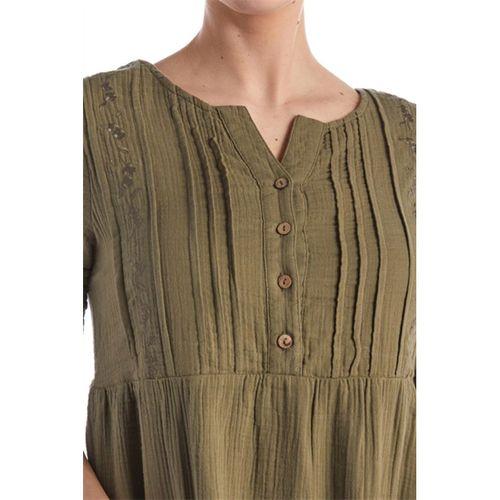 Kısa Kol Haki Kare Yaka Cep Detaylı Midi Boy Müslin Yazlık Elbise