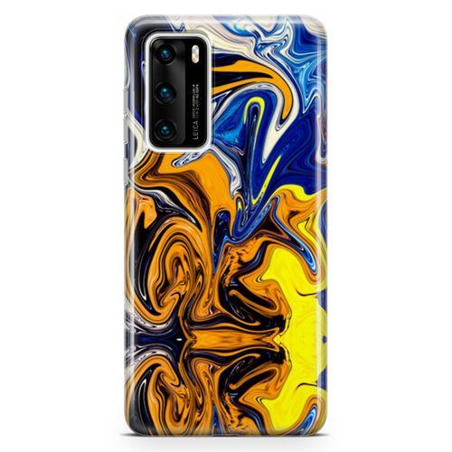 Huawei P40 Kılıf Mavi Turuncu Mermer Arka Kapak Koruma Desenli Full Koruyucu
