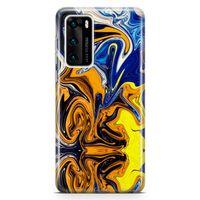 Huawei P40 Kılıf Mavi Turuncu Mermer Arka Kapak Koruma Desenli Full Koruyucu