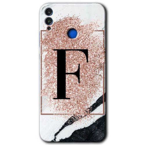 Potkal Hediye Fabrikası Honor 8x HD Baskılı Kılıf + 9D Tam Ekran Koruyucu - Pembe Mermer Desenli F Harfi