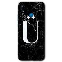 Huawei P20 Lite Kılıf HD Desen Baskılı Arka Kapak + Temperli Cam - Siyah Mermer Desenli Ü Harfi