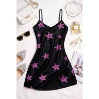 Yıldız Desenli Siyah Saten Gecelik