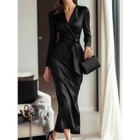 Kadın Uzun Kollu Kruvaze Yakalı Beli Kuşaklı Uzun Saten Elbise