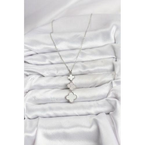 316L Çelik Zincir Gümüş Renk Yonca Detaylı Zirkon Taşlı Kadın Kolye