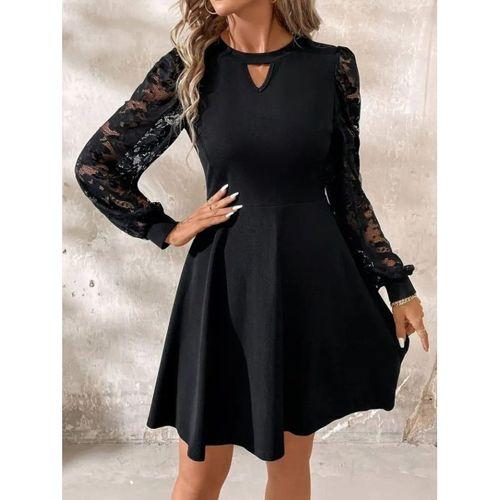 Kadın Uzun Kollu Yuvarlak Damla Detaylı Kolları Tül Detaylı Kısa Ithal Krep Elbise