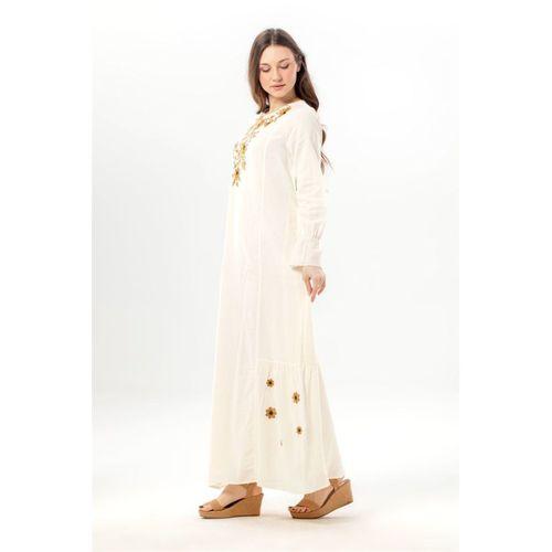 Uzun Kol Aysu Nakışlı Bisiklet Yaka Şile Bezi Yazlık Uzun Elbise Krem Krm