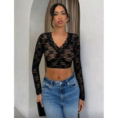Uzun Kollu Dantel Crop Kadın Arkası Dekolteli Bağcıklı Esnek Şık Üst