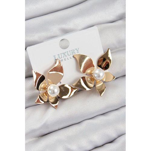 Pirinç İnci Detaylı Çiçek Model Gold Renk Kadın Küpe