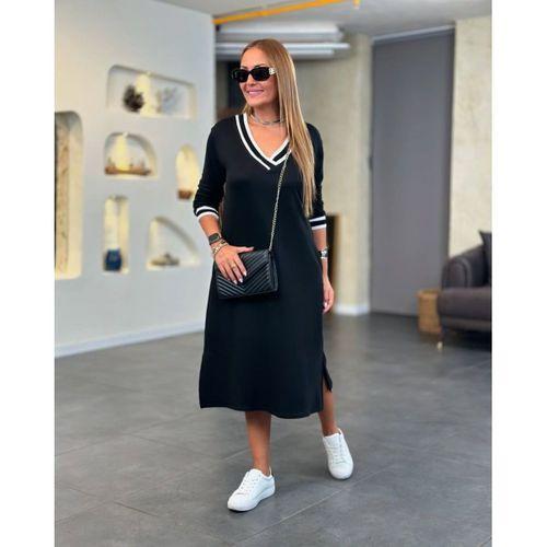 Kadın Uzun Kollu V Ribana Yakalı Yanlardan Yırtmaçlı Midi Viskon Iki Iplik Elbise