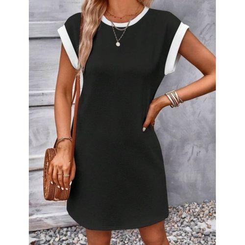 Kadın Kısa Kollu Yuvarlak Yakalı Kontrast Manset Detaylı Kısa Janjan Krep Elbise