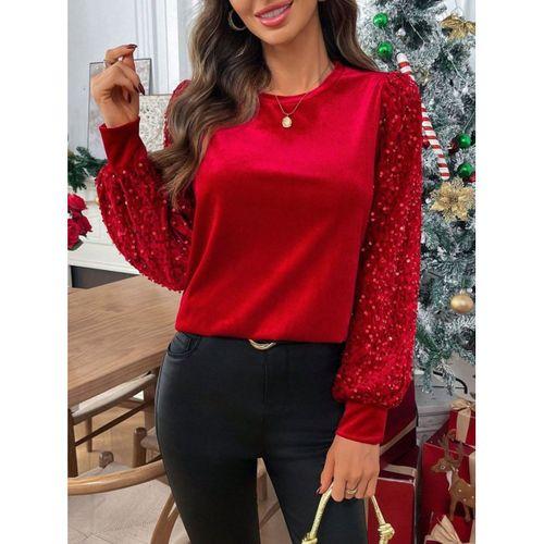 Kadın Uzun Kollu Bisiklet Yaka Kollar Pulpayet Kadife Bluz