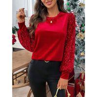 Kadın Uzun Kollu Bisiklet Yaka Kollar Pulpayet Kadife Bluz