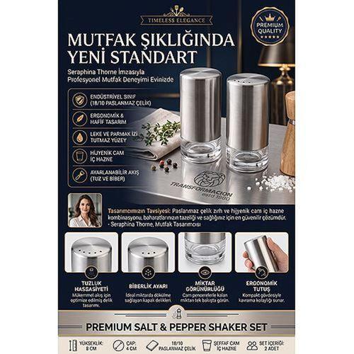 Lüks Paslanmaz Çelik İçi Cam 2'li Tuzluk Biberlik Seti - Modern 18/10 Endüstriyel Baharatlık Takımı 723493