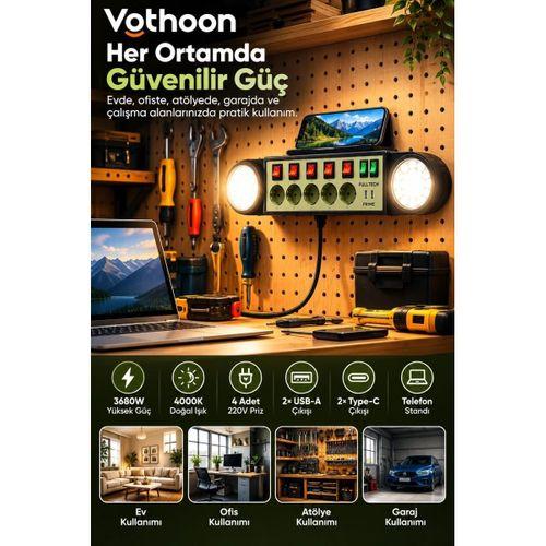 Akıllı Masaüstü Duvar Tipi Akım Korumalı 5’li Priz 3680w Led Işıklı Usb-a Type-c Telefon Standlı