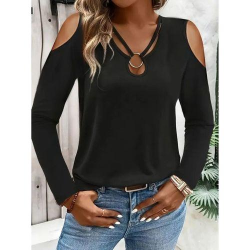 Kadın Omuzlardan Açık Uzun Kollu Yakadan Halka şerit Detaylı Viskon Bluz