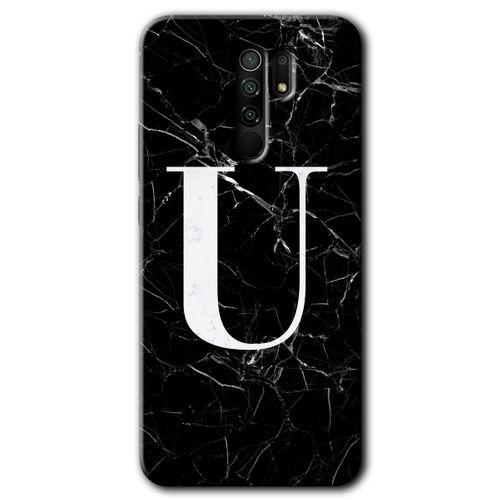 MRCİLETİSİM Xiaomi Redmi 9 Kılıf HD Desen Baskılı Arka Kapak+Temperli Cam - Siyah Mermer Desenli U Harfi