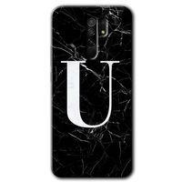 MRCİLETİSİM Xiaomi Redmi 9 Kılıf HD Desen Baskılı Arka Kapak+Temperli Cam - Siyah Mermer Desenli U Harfi