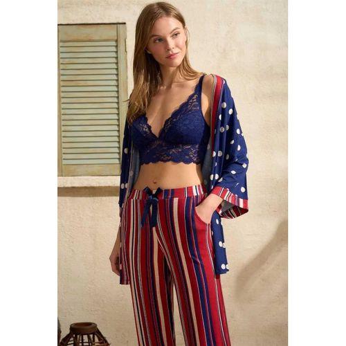 Viskon Puantiyeli Sabahlık Balensiz Desteksiz Dolgusuz Dantelli Bralet Sütyen Ve Çizgili Pantolon Pijama 3'lü Takım