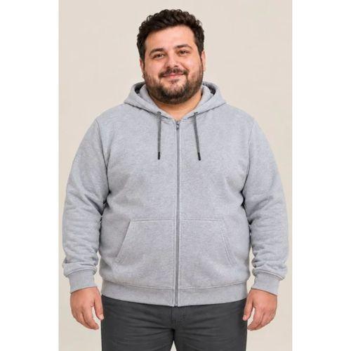 Erkek Battal Büyük Beden Üç İplik İçi Şardonlu Kapüşonlu Tam Fermuarlı Kışlık Sweatshirt - Gri