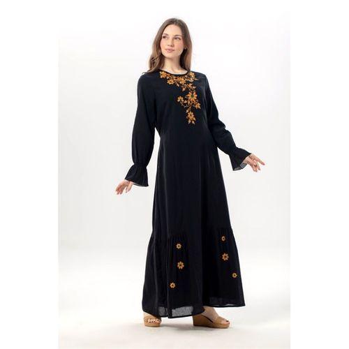 Uzun Kol Aysu Nakışlı Bisiklet Yaka Şile Bezi Yazlık Uzun Elbise Siyah Syh