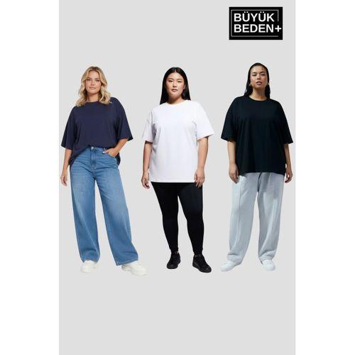Büyük Beden Kadın Basic 3XL-6XL Bisiklet Yaka 3 lü Tişört Seti SPR26BTSK510+3