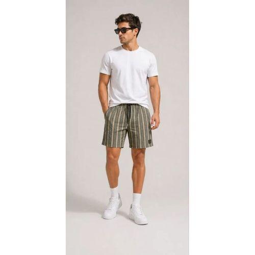 Erkek Çizgili Yazlık Şort Dokuma Kumaş Lastikli Bel Cepli Rahat Kesim - Haki