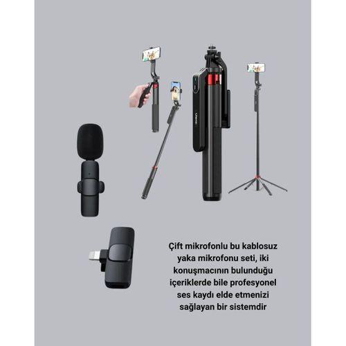 Vlog Ve Canlı Yayın İçin Çift Yaka Mikrofonu Ve Tripodlu Selfie Çubuğu Seti