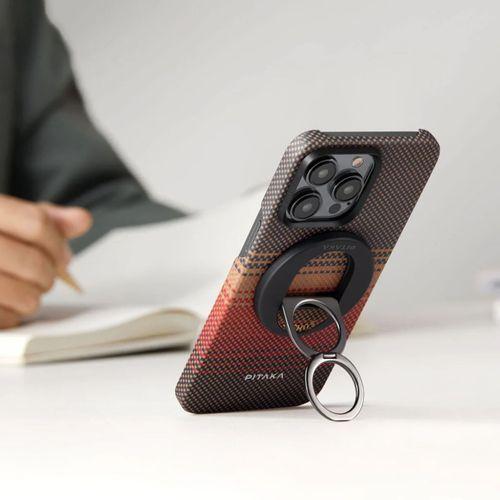 Apple iPhone 16 Pro Max Kılıf M-safe Şarj Özellikli Grip 3 Standlı Aramid Fiber Pitaka Tactile Woven Sunset-Moonrise Serisi Sunset Kapak