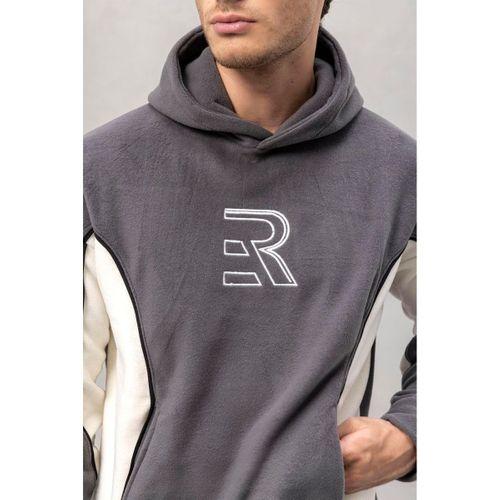 Frank Parçalı Kontrast Desenli Kapüşonlu Oversize Cepli Polar Erkek Sweatshirt - Füme