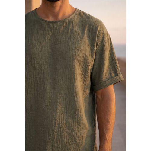 Godard Relax Fit %100 Pamuk Müslin Kumaş Duble Kol Bisiklet Yaka Erkek T-Shirt - Avcı Yeşili