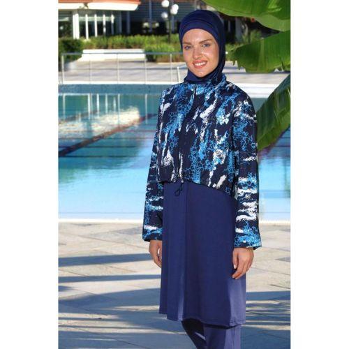 Estiva 26972 Lacivert Marble Tam Kapalı Croplu Pantolonlu Tesettür Mayo