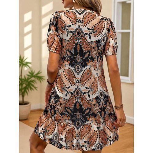 Kadın Kısa Kollu V Yakalı Desenli Kısa Süprem Elbise