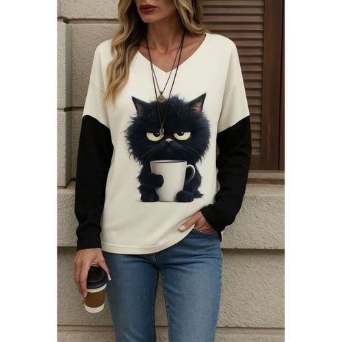 Kadın Uzun Kollu V Yakalı Kedi Baskılı şardonlu Dalgıç Bluz