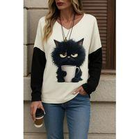 Kadın Uzun Kollu V Yakalı Kedi Baskılı şardonlu Dalgıç Bluz
