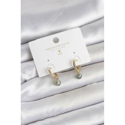 Minimal Nazarlı Model Gold Renk Zirkon Taşlı Kadın Küpe