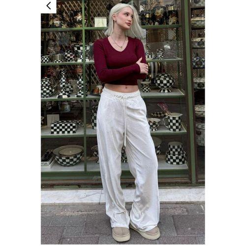 Kadın Yüksek Ben Beli Lastik Detay Kadife Kumaş Bol Paça Pantolon