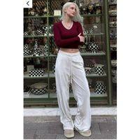 Kadın Yüksek Ben Beli Lastik Detay Kadife Kumaş Bol Paça Pantolon