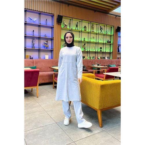 Önden İki Cepli Sade Basic Uzun Tunik Pantolon İkili Spor Takımı - 03067.008 - Gri