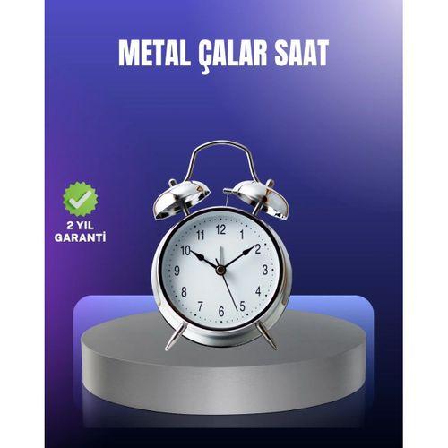 Yuvarlak Gümüş Dekoratif Işıklı Masa Üstü Saat Alarmlı Sessiz Çalışma